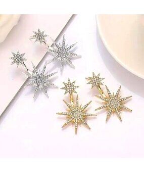 Earrings Starburst Stars Rhinestone Drop Sparkle Silver Gold Stylish Glam Retro